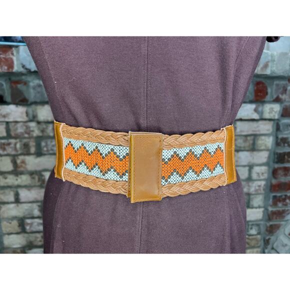 elastic belt boho embroidered braided orange brown white - Picture 1 of 7